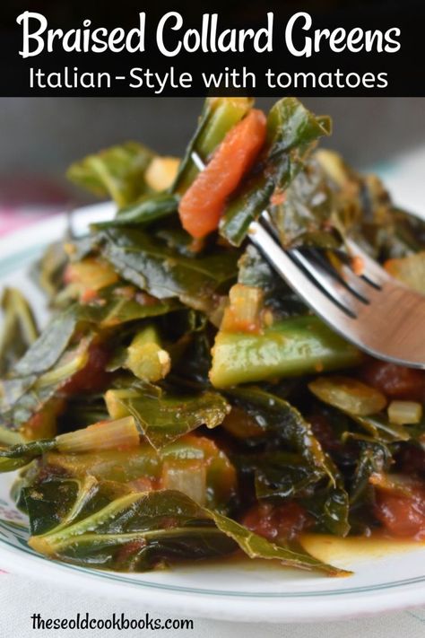 Braised Collard Greens with Tomatoes - These Old Cookbooks Italian Collard Greens Recipe, Pasta Sauce Ground Beef, Slow Cooker Pasta Sauce, Braised Collard Greens, Vegan Collard Greens, High Potassium Foods, Potassium Foods, Collard Greens Recipe, Arbonne Recipes