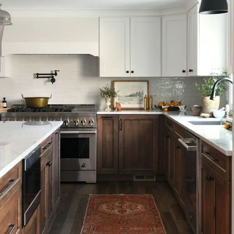 Brown And White Cabinets, Brown To White Cabinets, Dark Cabinets With White Appliances, Dark Wood Lower Cabinets, Brown Wood And White Kitchen, Dark Kitchen Appliances, Kitchen Design Brown And White, Dark Wood And White Kitchen Cabinets, Brown And White Cabinets Kitchen