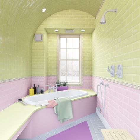 Pastel Tiny House, Bathroom Decor Pastel, Pastel Bathroom Aesthetic, Pastel Minimalist Room, Pastel House Aesthetic, Pastel Bathroom Ideas, Gallery Window, Pastel Interior Design, Pastel Bathroom