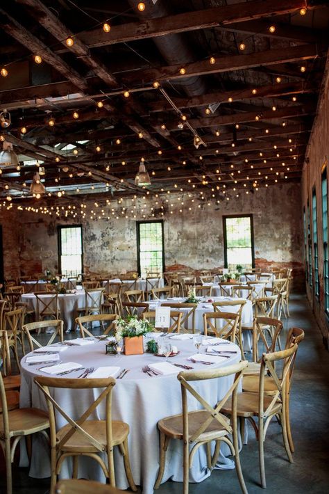 Bistro lights and rough sawn wood ceilings are the best combination. // Relix, Downtown Knoxville Wedding Venue // Simple, modern, urban, & industrial Wedding String Lights Indoor, Wedding Lights Indoor, Warehouse Wedding Reception, Industrial Chic Wedding Decor, Wedding Lighting Indoor, Brewery Wedding Reception, String Lights Wedding Reception, Lights Reception, Industrial Loft Wedding