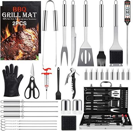 Birald Grill Set BBQ Tools Grilling Tools Set Gifts for Men, 34PCS Stainless Steel Grill Accessories with Aluminum Case,Thermometer, Grill Mats for Camping/Backyard Barbecue,Grill Utensils Set for Dad Meat Injector, Bbq Tool Set, Grilling Utensils, Steel Grill, Sweet Cooking, Stainless Steel Bbq, Stainless Steel Grill, Barbecue Tools, Grill Set