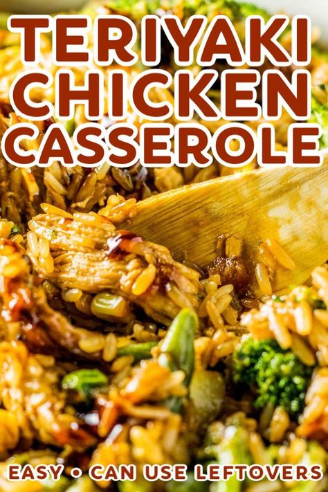 Teriyaki Chicken Casserole! Have your favorite Chinese takeout prepared in a different way: baked in a casserole dish with assorted veggies and fried rice. Perfect for leftovers! | HomemadeHooplah.com Teriyaki Chicken And Rice Bake, Chinese Food Casserole, Rotisserie Chicken Chinese Recipes, Teriyaki Chicken And Rice Casserole, Recipe For Chicken Casserole, Quick Chicken Casserole, Best Chicken Casserole Recipes, Chicken Thigh Casserole, Casserole Recipes Chicken