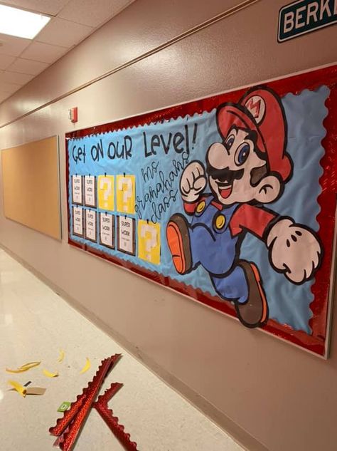 Game On Classroom Door, Arcade Bulletin Board, Super Mario Brothers Bulletin Board, Mario Brothers Bulletin Board Ideas, Mario Themed Bulletin Board, Nintendo Switch Bulletin Board, Nintendo Bulletin Board, Mario Themed Classroom Bulletin Boards, Mario Level Up