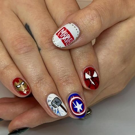 My faaavvvvv set this year 🥹🥹❤️❤️ my little marvel geek heart was crying 🥳🥳 Builder Mani Fill Freestyle Bundle : $75 Total : $75 #marvelnails #marvel #lokinails #loki #captainamerica #ironman #spiderman #thor #avengers #buildergel #buildergelmanicure #gel #gelnails #nailart Marvel Nail Ideas, Marvel Nails, Thor Avengers, Ironman Spiderman, Aesthetic Nails, Dream Nails, Gel Manicure, Nails Nail, Loki