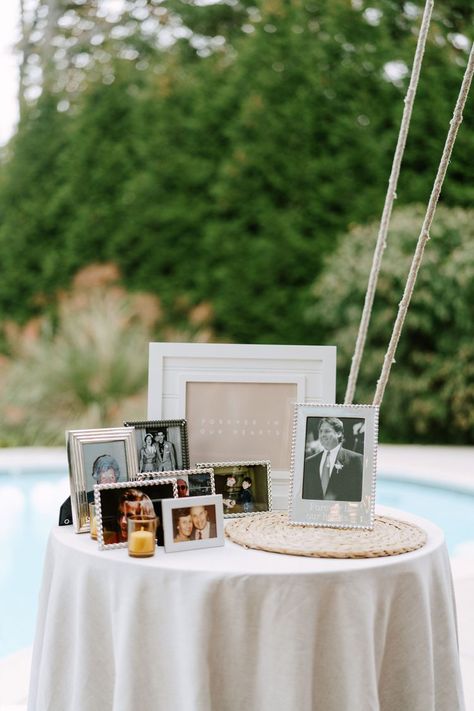 Remembrance Table, Engagement Party Decorations Diy, Engagement Party Diy, Memorial Table, Wedding Remembrance, Memory Table Wedding, Blue White Weddings, Sf Wedding, Memory Table