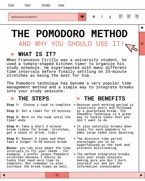 Effective Study Methods Math, Pomodoro Method Study, Pomodoro Study Method, Study Pomodoro, Para Method, How To Be An Academic Overachiever, Studie Hacks, School Study Ideas, Studying Tips