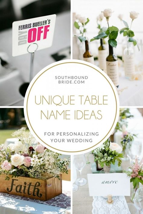 Unique Ideas for Wedding Table Names | SouthBound Bride Wedding Themes Tables, Naming Tables At Wedding, Non Traditional Table Numbers, Table Number Alternatives Wedding, Unique Table Cards Wedding, Creative Wedding Table Names, Wedding Table Name Ideas Unique, Personalized Wedding Centerpieces, Tables Names Wedding