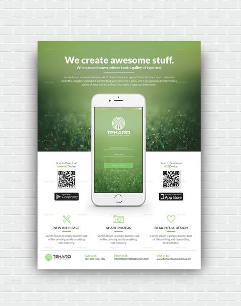 Mobile App Flyer Template, perfectly suitable for promote your mobile application. Very clean modern app flyer template that will make your application shine!   	This template is fully editabl... App Promotion Poster, Application Poster Design, App Launch Poster, App Advertising Design, App Advertising, Mobile App Flyer, App Poster, App Flyer, Ui Design Tutorial