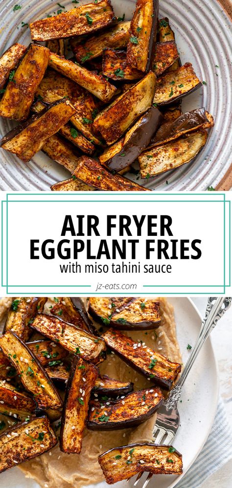 Air Fried Eggplant, Miso Tahini Sauce, Air Fryer Recipes Eggplant, Fried Eggplant Recipes, Air Fryer Eggplant, Kid Friendly Vegetarian Recipes, Asian Cuisine Recipes, Miso Tahini, Eggplant Fries