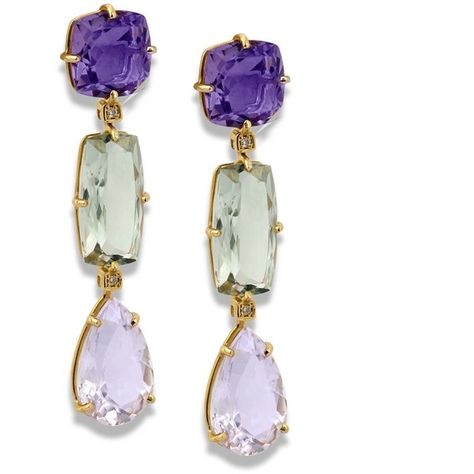 18k Yellow Gold Tri-Drop Earrings With Amethyst & Praziolite (6.435 BRL) ❤ liked on Polyvore featuring jewelry, earrings, gold earrings, 18k gold earrings, 18k gold jewelry, colorful earrings and 18 karat gold earrings Tanzanite Diamond Ring, 18k Gold Earrings, Yellow Gold Earrings, Luxury Earrings, Buy Earrings, 18k Gold Jewelry, 18k Yellow Gold Ring, Pink Amethyst, Amethyst Earrings