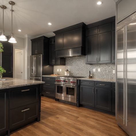 17+ Kitchens Featuring Black Lower Cabinets – radientlyrawkitchen Black Cabinets With Black Countertops, Cabinets With Black Countertops, Black Lower Cabinets, Lower Cabinets, Natural Stone Countertops, Black Countertops, Mosaic Tile Backsplash, Kitchen Games, Low Cabinet