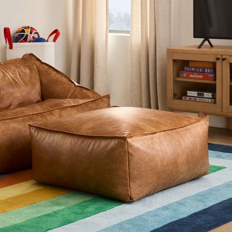 leather ottoman | West Elm Leather Beanbag Chair, Mediterranean Mood Board, Ultimate Playroom, Kids Lounge Chair, Basement Refresh, Leather Bean Bag Chair, Brown Leather Ottoman, Leather Bean Bag, Bean Bag Living Room