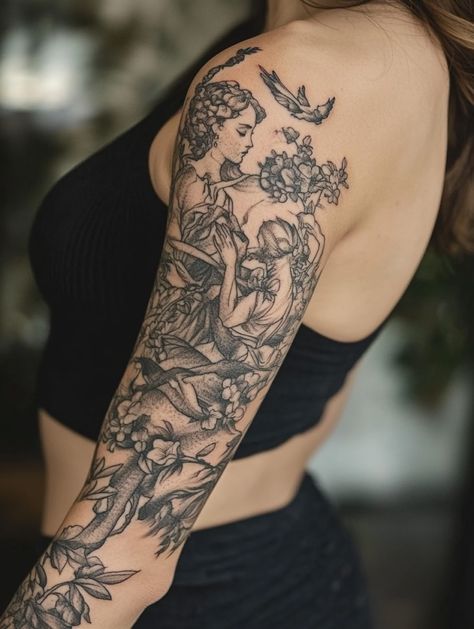 Explore Trendy and Chic Ladies Sleeve Tattoo Ideas for Your Next Beautiful Body Art Project Classy Full Sleeve Tattoo, Vintage Tattoo Sleeve Women, Garden Of Eden Tattoo Sleeve, Mid Sleeve Tattoo, Tattoo Cover Up Ideas For Women Arm Half Sleeves, Black Women Tattoos Sleeve, Full Tattoo Sleeves For Women, Woman Full Sleeve Tattoo, Botanical Tattoo Sleeve Black