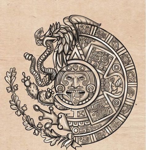 Mayan And Aztec Tattoos, Money Inspired Tattoos, Honduran Tattoos, Aztec Tribe Tattoo, Mexican Tattoo Ideas For Men Aztec, Aztec Back Tattoo, Aztec Art Drawings, Charra Tattoos, Mexican Culture Tattoo For Women