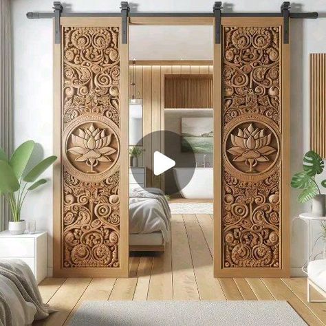 Mehar Design Studio on Instagram: "wooden sliding barn door with carving of a lotus flower ✨  #door #slidingdoor #bedroomdecor #bedroom #woodworking #wooddesign #carvedwood #lotus" Wooden Carving Design Wall Art, House Front Door Design, Flower Door, Wooden Carving, Buddha Wall Art, Lotus Art, House Front Door, Front Door Design, Carving Designs