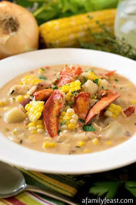 Lobster Corn Chowder - A Family Feast® Lobster Corn Chowder Recipe, Lobster Corn Chowder, Recipe Chart, Lobster Chowder, Cream Of Corn Soup, Food Recipes Dinner, Lobster Dishes, Chowder Soup, Seafood Chowder