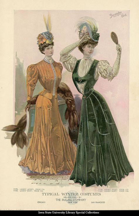 Winter Costumes ~ The McCall Company, December 1906 Edwardian Fashion Plates, Walking Dress, Anthony Van Dyck, 1900s Fashion, Ap Studio Art, Edwardian Dress, Period Costumes, Victorian Clothing, Edwardian Era