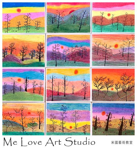 Me Love Art Studio《米國藝術》 Oil Pastel Elementary Art Projects, Fall Art 5th Grade, Sun Art For Kids, Landscape Art Lessons, Artistic Ideas, 2nd Grade Art, Secondary Colors, Fall Art Projects, Autumn Sunset