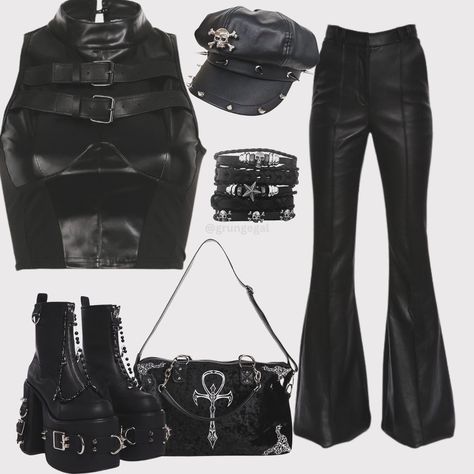 What’s your favorite accessory in this look? 🖤✨ Serving ultimate dark glam vibes with this all-black, edgy ensemble! 🖤 A strappy leather crop top, flared leather pants, chunky platform boots, and statement accessories like the spiked cap, skull bracelets, and a gothic handbag. Perfect for anyone rocking the grunge aesthetic or alternative fashion! 🕸️ - - - - - - - - - - - #grungestyle #grungeaesthetic #grungevibes #grungefashion #altfashion #darkaesthetic #punkgrunge #edgystyle #gothgrunge #... Edgy Glam Aesthetic, Gothic Handbag, Alternative Fits, Flared Leather Pants, Glam Grunge, Chunky Platform Boots, Edgy Glam, Glam Aesthetic, Platform Boots Chunky