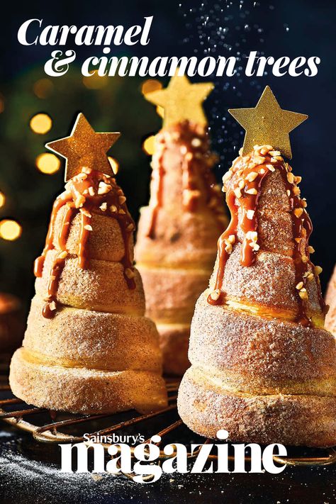 Chocolate-filled, caramel-coated Christmas trees are a swirl of pastry heaven. Get the Sainsbury's magazine recipe Cool Christmas Baking Ideas, Christmas Bread Ideas, Christmas Recipes Ideas, Christmas Sweet Ideas, New Year Bread, Christmas Deserts Ideas, Christmas Bakery Ideas, Christmas Pastry Ideas, Christmas Deserts Recipes