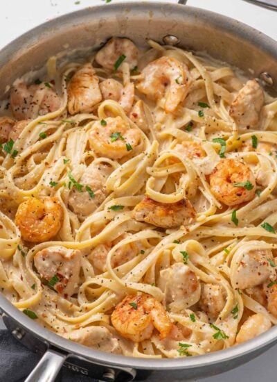 Chicken and Shrimp Alfredo - Cookin' with Mima Fetuccini Alfredo, Chicken And Shrimp Alfredo, Baked Catfish, Shrimp Alfredo Recipe, Boiled Chicken Breast, Shrimp Alfredo, Fettuccine Pasta, Alfredo Sauce Recipe, Chicken And Shrimp