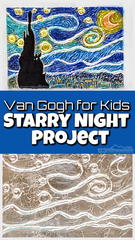 Starry Night Kindergarten Art, Art For Grade 5 And 6, 3rd Grade Art Lessons Ideas, Art For 3rd Grade Students, Starry Night Craft, Start Of The Year Art Projects, Art Projects For 3rd Grade, Starry Night Kids Art, March Elementary Art Projects