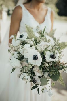 black and white anemones, roses, ferns, veronica white flower, and seeded eucalyptus #weddings #weddingflowers #weddingideas #wedding #himisspuff #bouquets #flowers Veronica White Flower, Protea Wedding, Small Wedding Bouquets, Anemone Bouquet, Wedding Flower Trends, Winter Wedding Bouquet, Blue Wedding Bouquet, Silk Wedding Bouquets, Flowers And Greenery