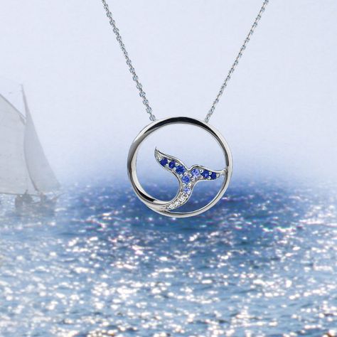 Whale's Tail Necklace in Sterling Silver with genuine Sapphires and Diamonds is a fantastic gift Ocean-inspired Pendant Necklace, Whale Tail Jewelry, Ocean-inspired Blue Pendant Jewelry, Ocean-inspired Sterling Silver Pendant Jewelry, Whale Tail Pendant, Whale Tail Necklace, Whale Necklace, Necklace Cross, Portland Me