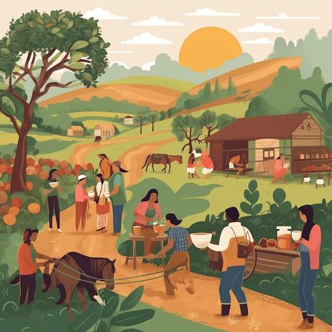 Photo a colorful illustration of people ... | Premium Photo #Freepik #photo #farmer #agriculture #farmer-illustration #farmer-farming Farm Illustration Art, Agriculture Illustration, Farming Illustration, Farming Art, Farmer Illustration, Agriculture Art, Farm Illustration, Farmer Painting, Illustration Of People