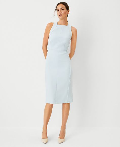 Petite Halter Sheath Dress Graduation Outfits For Mothers, News Reporter, Boat Neck Dress, Knitted Suit, Blue Sleeveless Dress, Graduation Outfit, Ann Taylor Dresses, Sleeve Dresses, Business Dresses