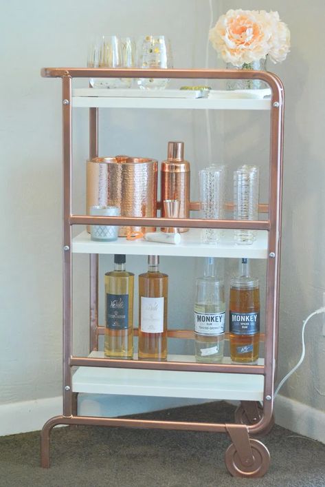 Bar Cabinet Diy, Diy Ikea Bar, Ikea Bar Cabinet, Bar Cart Hack, Unique Bar Cart, Ikea Bar Cart, Ikea Cart, Studio Makeover, Dresser Bar