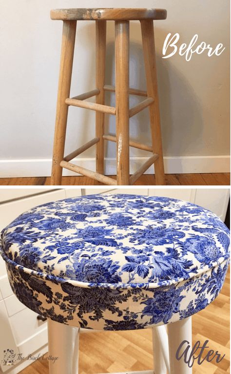 Round Stool Cushion, Add Cushion To Bar Stool, Bar Stool Flip, Painted Bar Stools Ideas, Reupholster Stool, Upcycled Stool, Reupholster Bar Stools, Bar Stool Makeover, How To Upholster