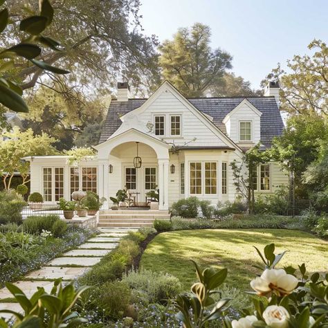 White Cottage Style House, French Farmhouse Exterior Country Houses, House Placement On Land, Large Cottage Exterior, Neutral House Exterior, Costal Cottage House, White House’s, White And Green House, Pretty House Exterior