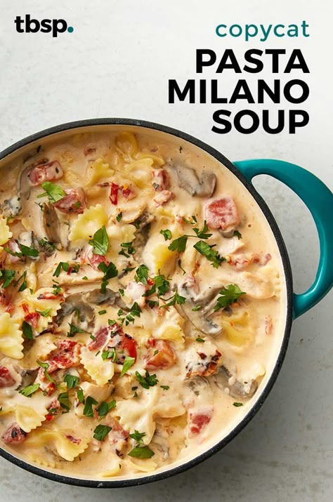 An original twist on a popular pasta dish from a fave Italian restaurant. Instead of serving it up on a plate, this Pasta Milano is it's transformed into a creamy, cozy soup that's packed with grilled chicken, bowtie pasta, sun-dried tomatoes, roasted tomatoes and mushrooms. It's amazing! Pasta Milano, Chicken Bowtie Pasta, Healthy Italian Recipes, Tomatoes Roasted, Cozy Soup, Pasta Soup, Bowtie Pasta, Healthy Pasta Recipes, Sun Dried Tomatoes