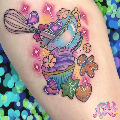 Cake Tattoo Designs, Gingerbread Tattoo Ideas, Kawaii Food Tattoo, Bakers Tattoo Ideas, Gingerbread Tattoo, Baking Tattoo Ideas, Candy Tattoo Ideas, Cookie Tattoo, Dessert Tattoo