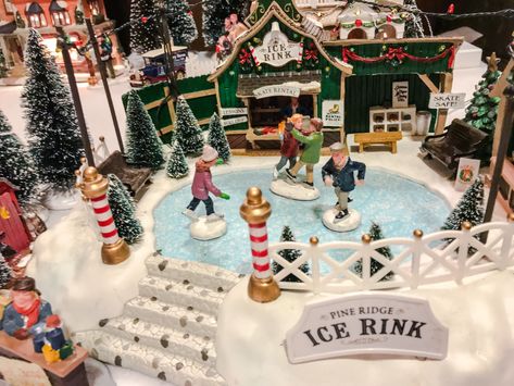 My wife's favorite piece - Christmas village 2017 Gingerbread House Ice Skating Rink, Christmas Village River Diy, Christmas Village Ice Skating Pond Diy, Santa’s Village Decoration, Christmas Tree Guide, Christmas Village Ice Skating Pond, Diy Christmas Village Houses, Winter Diorama, Pond Diy