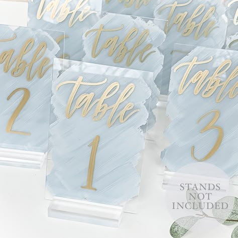 Table Numbers Wedding Acrylic, 4x6, Wedding Signs, Table Numbers, Painted Back Sign, Black Silver White Rose Gold Font Calligraphy - Etsy Buffet Signage, Acrylic Calligraphy, Blue And Gold Wedding, Wedding Table Number Signs, Baby Blue Weddings, Acrylic Table Numbers, Blue Wedding Decorations, Acrylic Table Number, Light Blue Wedding