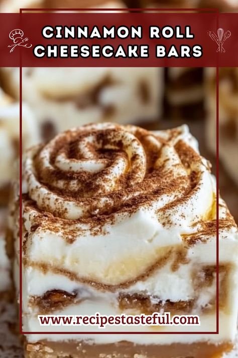 These decadent Cinnamon Roll Cheesecake Bars combine the comforting flavors of cinnamon rolls with a rich, creamy cheesecake filling, all topped with a luscious frosting. Perfect for dessert lovers, they are ideal for sharing at gatherings or enjoying as a sweet treat. Cinnamon Roll Cheesecake Bars, Copycat Dessert Recipes, Roll Cheesecake, Cinnamon Roll Cheesecake, Cinnamon Recipes, Cheesecake Filling, Easy Cinnamon, Cake Bars, Cinnamon Swirl