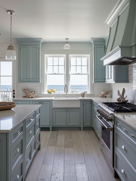 17 Kitchen Cabinet Color Ideas – Your Motor Geek Tidewater Kitchen Cabinets, Seafoam Cabinets, Turquoise Kitchen Cabinets, Teal Kitchen Cabinets, Beachy Kitchens, Cabinet Color Ideas, Rose Kitchen, Kitchen Cabinet Color, Coastal Farmhouse Kitchen