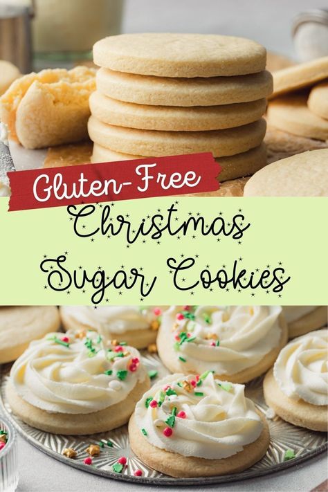 The best gluten-free Christmas sugar cookie recipe, perfect for holiday baking. These gluten-free Christmas sugar cookies are a classic; great for a cookie exchange or gluten-free cookie plate. Kids love decorating these easy to make cut-out cookies. Gluten Free Chewy Sugar Cookies, Soft Gluten Free Sugar Cookies, Gf Df Sugar Cookies, Gluten Free Soft Cookies, Gluten Free Sprinkle Cookies, Gluten Free Cutout Cookies, Gluten Free Sugar Free Christmas Cookies, Sugar Cookie Recipe Gluten Free, Gluten Free Cookies Christmas