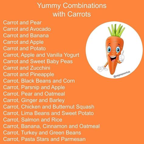 Baby Food Puree Combinations, Baby Food Carrots, Baby First Food Chart, Baby Weaning Foods, Avocado Baby Food, Sage Spoonfuls, Baby Meal Plan, Baby Carrot Recipes, Baby Food Combinations