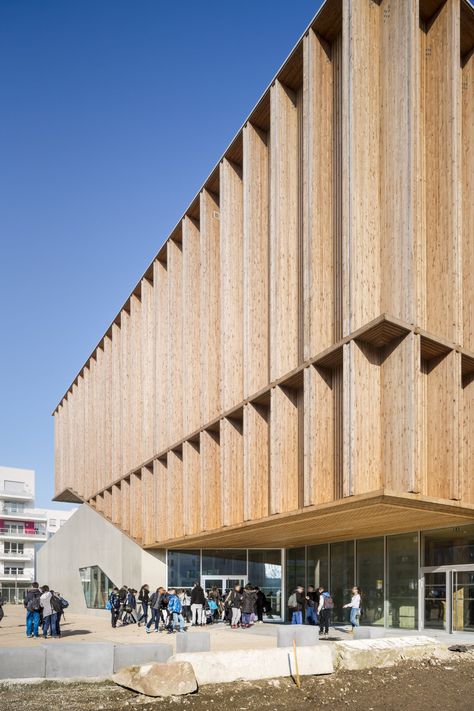 Wood Facade, Wooden Facade, Timber Architecture, Sports Center, Wood Architecture, Sport Hall, Cultural Architecture, Main Entrance, Facade Design