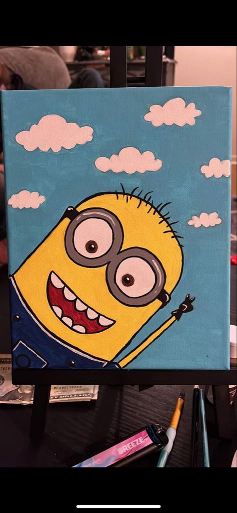 Oil Painting Drawings Easy, Easy Canvas Art Cartoon, Bluey Painting Ideas On Canvas, Easy Minion Drawings, Minions Drawing, Cute Cartoon Paintings, Minion Diy, Minion Drawing Cute, Canvas Painting Ideas Characters