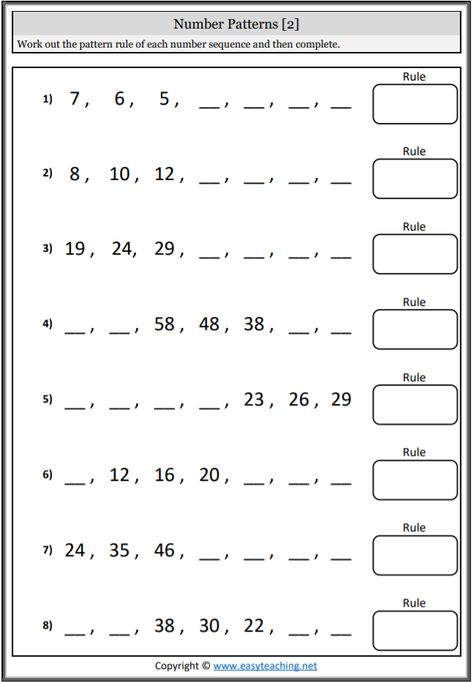 Patterning Worksheets: Number & Counting Patterns • EasyTeaching.net | Number patterns worksheets, Pattern worksheet, Math patterns Number Patterns Worksheets Grade 2, Math Pattern Worksheets For Kindergarten, Grade 3 Number Pattern Activities, Number Patterns Worksheets For Grade 1, Number Patterns Worksheet Grade 3, Number Pattern Worksheet For Grade 1, Pattern Worksheet Grade 2, Number Patterns Grade 2, Number Patterns Worksheets