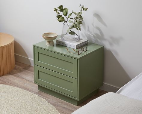 Living Room Sage Green, Living Room Sage, Green Bedside Table, Less Design, Soft Sage Green, Bedside Table Design, Office Storage Furniture, Green Home Decor, Main Bedroom