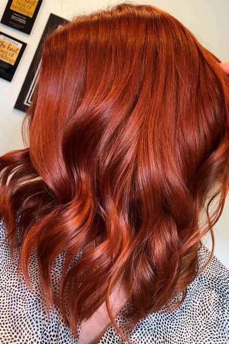 Ruby Copper Hair Color, Single Process Hair Color Red, Red All Over Color Hair, Red Hair Color Over Brown, Red Hair Color Combinations, Titan Hair Color, Scarlett Red Hair, Red Hair Tones Color Charts, Rich Copper Red Hair With Highlights