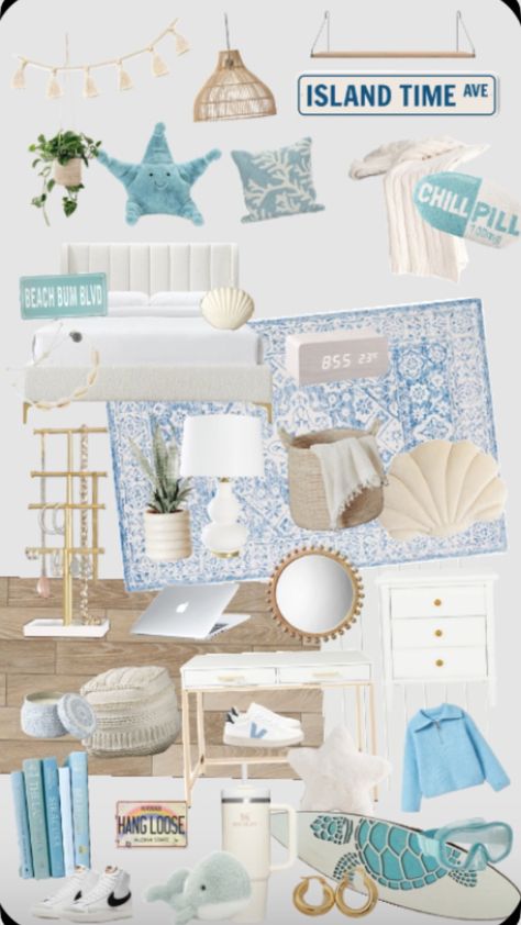 #roominspo #preppy #beachroom #beachaesthetic Blue Aesthetic Bed, Enya Room, Preppy Beach Bedroom, Beachy Room Aesthetic, Coastal Preppy Bedroom, Aesthetic Desks, Coastal Room Decor, Surf Room Decor, Ocean Room Decor