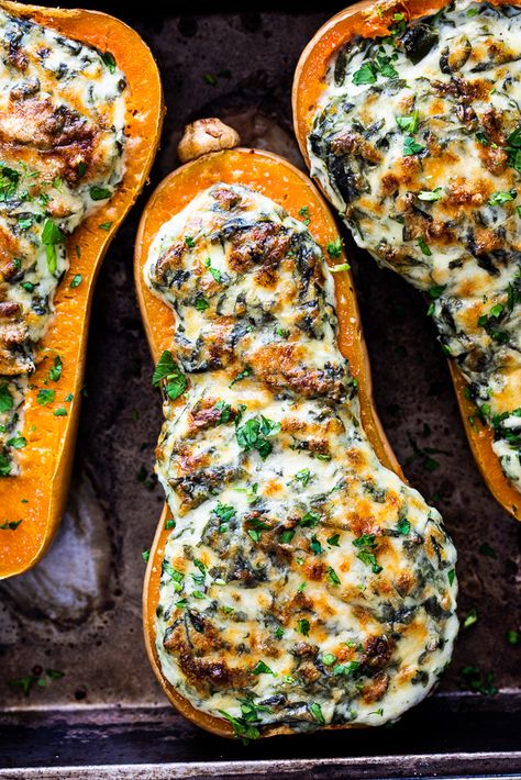 Christmas Side Dishes - Simply Delicious Squash With Cheese, Stuffed Butternut Squash, Stuffed Butternut, Stuffed Squash, Butternut Squash Recipes, Creamed Spinach, Roasted Butternut Squash, Roasted Butternut, Squash Recipes