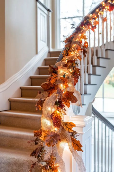 Fall staircase featuring a series of small shadow boxes containing pressed autumn leaves Fall Stairway Decor, Autumn Garland Diy, Fall Staircase Decor, Fall Staircase, Stairway Ideas, Minimalist Fall Decor, Staircase Decor Ideas, Autumn Garland, Stairway Decorating