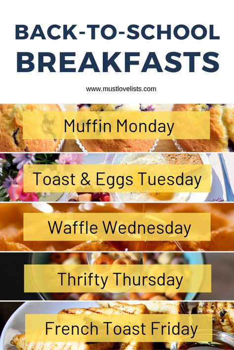 Start your school year off right with a breakfast plan. Make weekday mornings fun with some breakfast alliteration. Try Muffin Monday, Toast & Eggs Tuesday, Waffle Wednesday, Thrifty Thursday, or French Toast Friday. Waffle Wednesday Ideas, Breakfast Before School Ideas, School Year Breakfast Ideas, School Morning Breakfast Kids, Breakfast Theme Ideas, Weekday Breakfast Ideas Kids, Breakfast School Mornings, Before School Breakfast Ideas, Breakfast Ideas For School Mornings